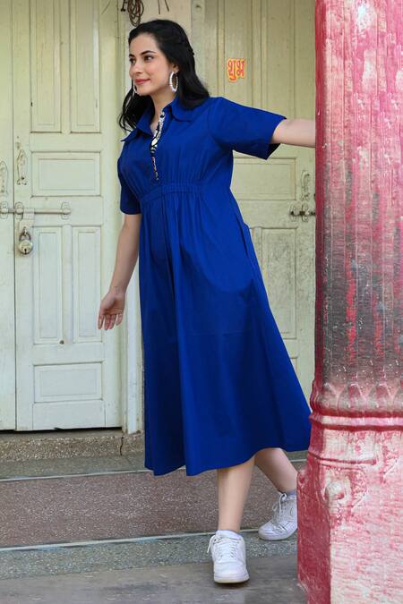 Shop NUHH Blue Cotton, Poplin Collared Solid Shirt Dress Online at Aza Fashions Shop_NUHH_Blue Cotton, Poplin Collared Solid Shirt Dress _Online_at_Aza_Fashions