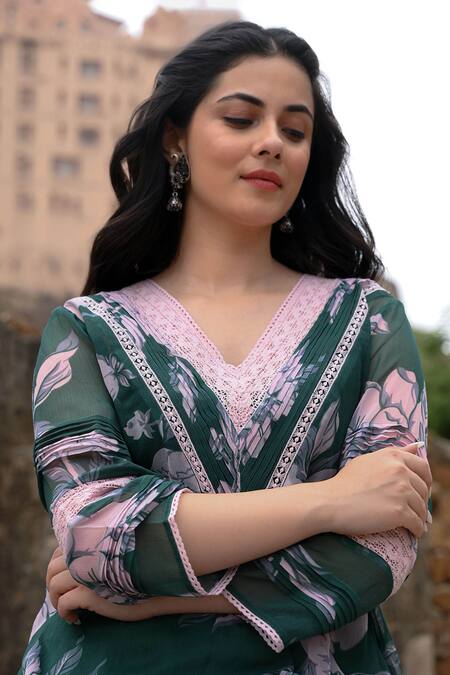 Shop NUHH Green Cotton, Polyester Embroidery, Lace V-neck Floral Print Kurta Set Online at Aza Fashions Shop_NUHH_Green Cotton, Polyester Embroidery, Lace V-neck Floral Print Kurta Set _Online_at_Aza_Fashions