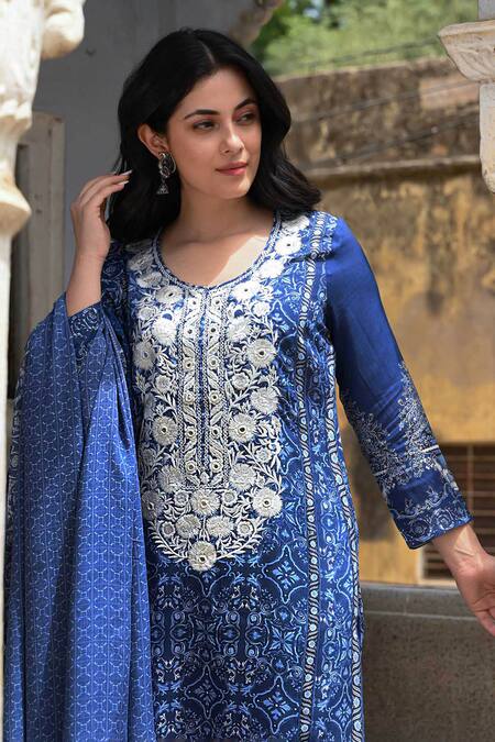 Nuhh_Blue Cotton, Viscose Mirrors, Embroidery Round Neck Moroccan Print Kurta Set _Online_at_Aza_Fashions