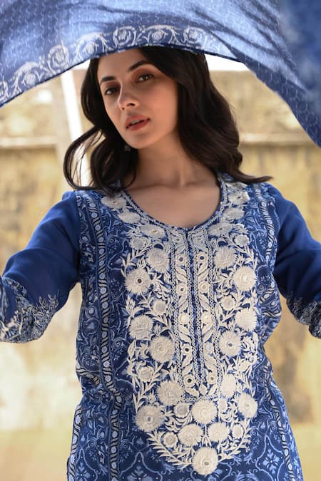 Shop_Nuhh_Blue Cotton, Viscose Mirrors, Embroidery Round Neck Moroccan Print Kurta Set _Online_at_Aza_Fashions
