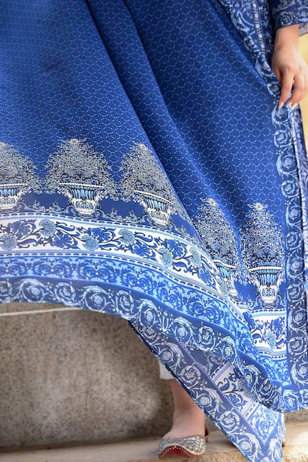 Nuhh_Blue Cotton, Viscose Mirrors, Embroidery Round Neck Moroccan Print Kurta Set _at_Aza_Fashions