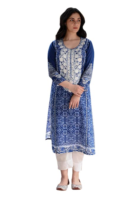 Buy_Nuhh_Blue Cotton, Viscose Mirrors, Embroidery Round Neck Moroccan Print Kurta Set 