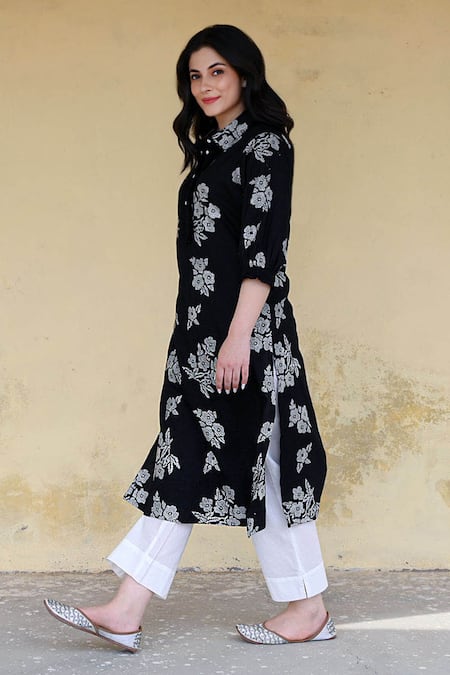 Nuhh Siyah Floral Print Kurta & Pant Set 