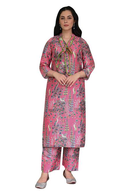 Nuhh_Pink Viscose Embroidery Collared Flamingo Print Kurta And Pant Set _Online_at_Aza_Fashions