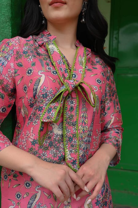 Shop_Nuhh_Pink Viscose Embroidery Collared Flamingo Print Kurta And Pant Set _Online_at_Aza_Fashions