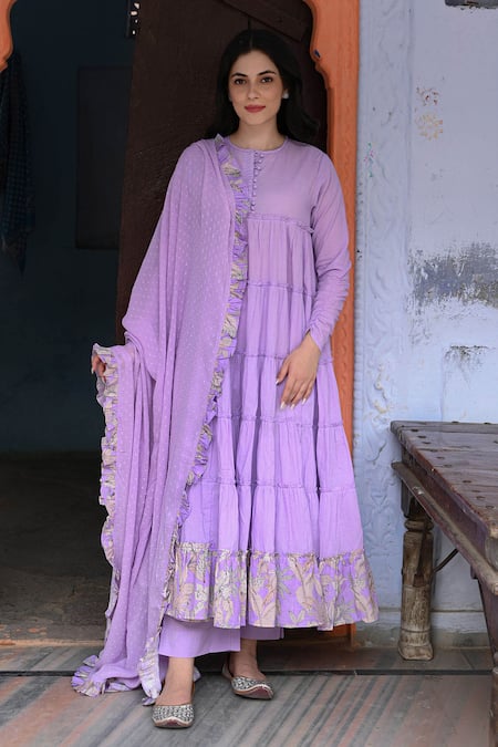 NUHH Purple 100% Cotton Printed Floral Round Neck Border Anarkali Set