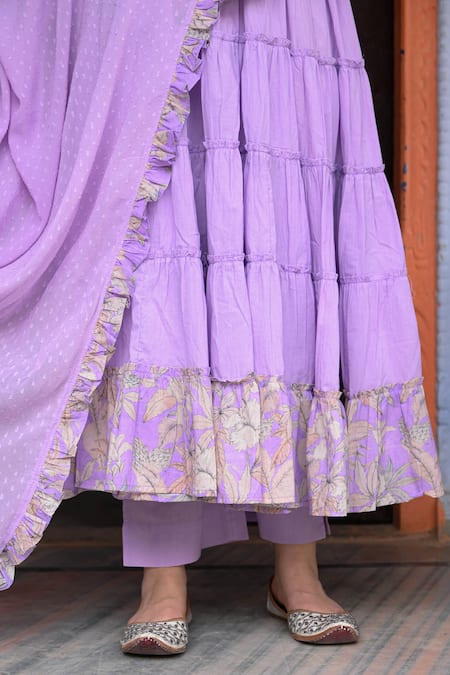 Nuhh_Purple Cotton Round Neck Floral Border Print Anarkali Set _Online_at_Aza_Fashions