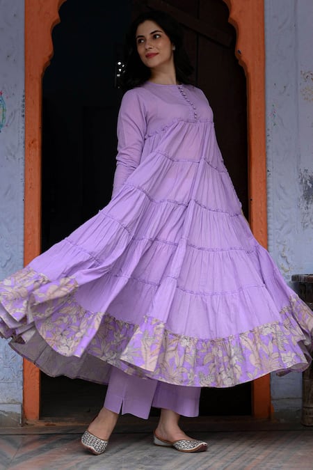 Buy_Nuhh_Purple Cotton Round Neck Floral Border Print Anarkali Set _Online_at_Aza_Fashions