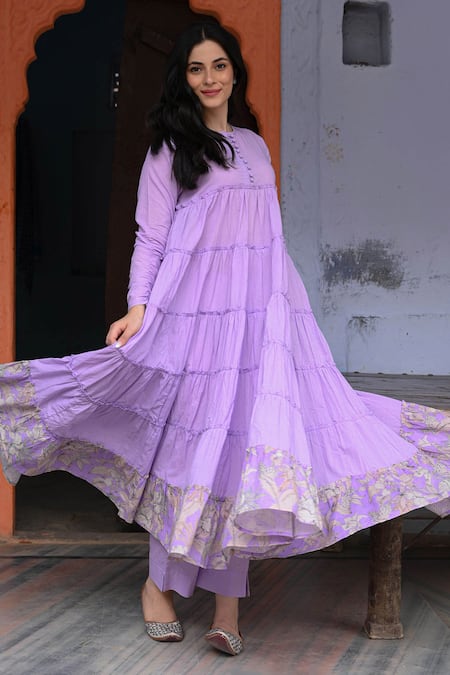 Shop_Nuhh_Purple Cotton Round Neck Floral Border Print Anarkali Set _Online_at_Aza_Fashions