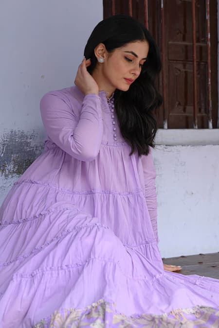 Nuhh_Purple Cotton Round Neck Floral Border Print Anarkali Set _at_Aza_Fashions