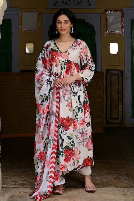 NUHH Multi Color Viscose Muslin Printed Bird V Neck And Flower Anarkali Set