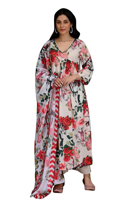 Nuhh_Multi Color Viscose, Muslin Beads, Embroidery Bird And Flower Print Anarkali Set _Online_at_Aza_Fashions