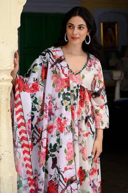 Buy_Nuhh_Multi Color Viscose, Muslin Beads, Embroidery Bird And Flower Print Anarkali Set _Online_at_Aza_Fashions