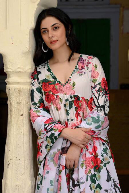 Shop_Nuhh_Multi Color Viscose, Muslin Beads, Embroidery Bird And Flower Print Anarkali Set _Online_at_Aza_Fashions