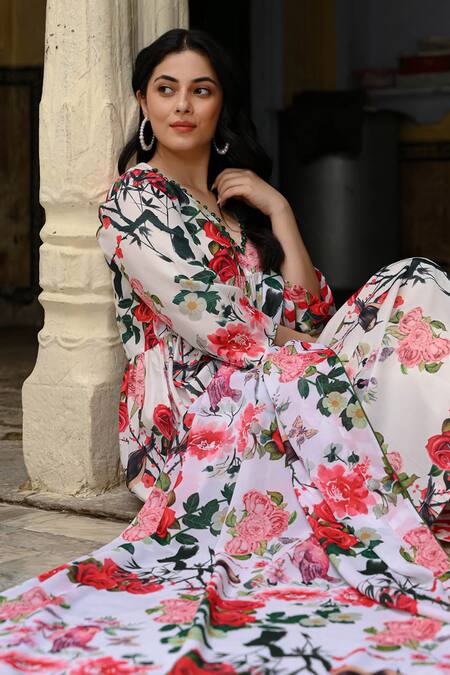 Buy_Nuhh_Multi Color Viscose, Muslin Beads, Embroidery Bird And Flower Print Anarkali Set 