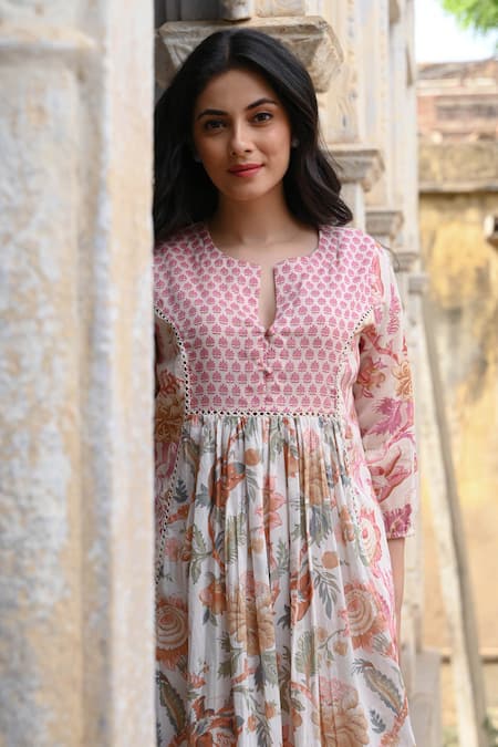 Buy Nuhh Multi Color Cotton Lace, Embroidery Split V-neck Sangria Floral Print Kurta Set Online at Aza Fashions Buy_Nuhh_Multi Color Cotton Lace, Embroidery Split V-neck Sangria Floral Print Kurta Set _Online_at_Aza_Fashions