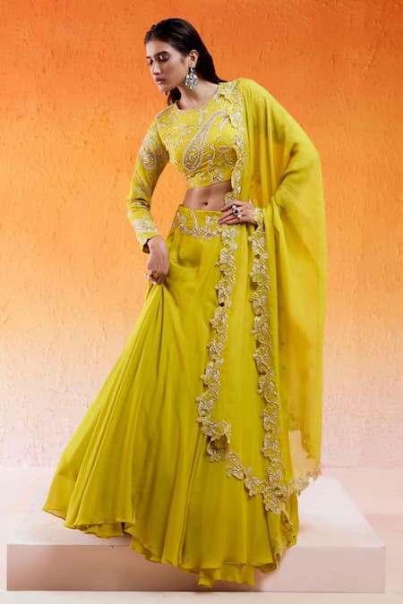 Buy_Redpine Designs_Yellow Viscose Embroidery, Cut Work Round Neck Daisy Lehenga Set _Online_at_Aza_Fashions