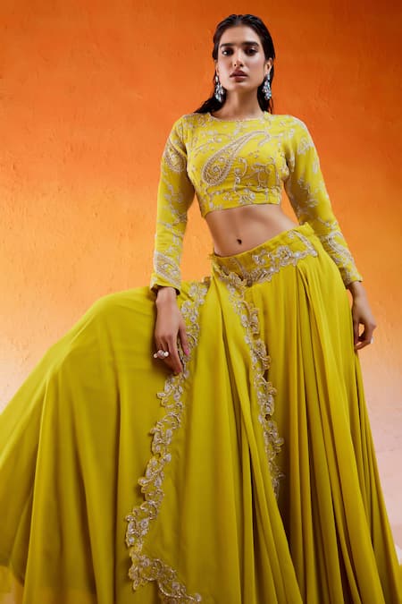 Shop_Redpine Designs_Yellow Viscose Embroidery, Cut Work Round Neck Daisy Lehenga Set _Online_at_Aza_Fashions