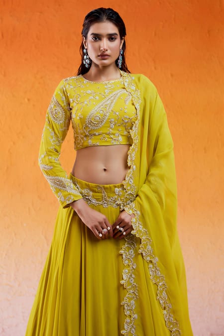 Redpine Designs_Yellow Viscose Embroidery, Cut Work Round Neck Daisy Lehenga Set _at_Aza_Fashions