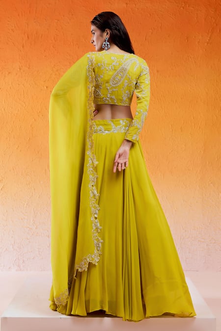 Redpine Designs_Yellow Viscose Embroidery, Cut Work Round Neck Daisy Lehenga Set _Online_at_Aza_Fashions