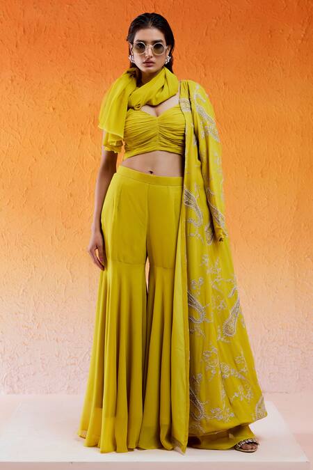 Buy Redpine Designs Yellow Viscose, Georgette, Crepe Daisy Embroidered Jacket With Sharara Set Online at Aza Fashions Buy_Redpine Designs_Yellow Viscose, Georgette, Crepe Daisy Embroidered Jacket With Sharara Set _Online_at_Aza_Fashions