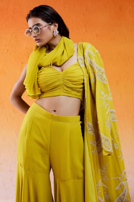 Shop Redpine Designs Yellow Viscose, Georgette, Crepe Daisy Embroidered Jacket With Sharara Set Online at Aza Fashions Shop_Redpine Designs_Yellow Viscose, Georgette, Crepe Daisy Embroidered Jacket With Sharara Set _Online_at_Aza_Fashions