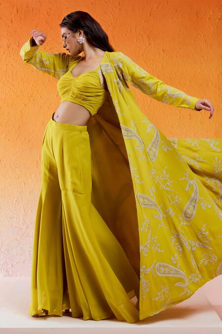 Redpine Designs Yellow Viscose, Georgette, Crepe Daisy Embroidered Jacket With Sharara Set at Aza Fashions Redpine Designs_Yellow Viscose, Georgette, Crepe Daisy Embroidered Jacket With Sharara Set _at_Aza_Fashions