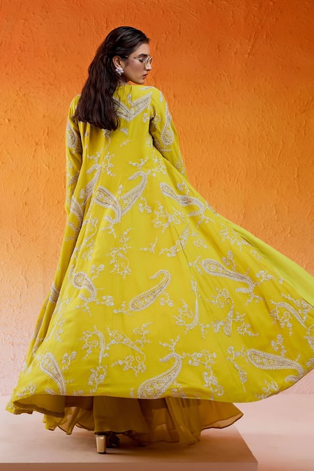 Buy Redpine Designs Yellow Viscose, Georgette, Crepe Daisy Embroidered Jacket With Sharara Set Buy_Redpine Designs_Yellow Viscose, Georgette, Crepe Daisy Embroidered Jacket With Sharara Set