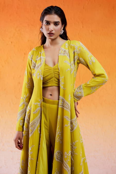 Shop Redpine Designs Yellow Viscose, Georgette, Crepe Daisy Embroidered Jacket With Sharara Set Shop_Redpine Designs_Yellow Viscose, Georgette, Crepe Daisy Embroidered Jacket With Sharara Set