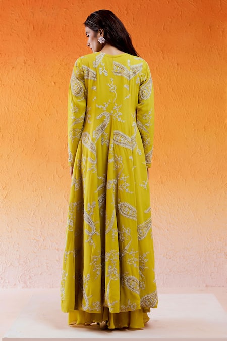 Redpine Designs Yellow Viscose, Georgette, Crepe Daisy Embroidered Jacket With Sharara Set Online at Aza Fashions Redpine Designs_Yellow Viscose, Georgette, Crepe Daisy Embroidered Jacket With Sharara Set _Online_at_Aza_Fashions