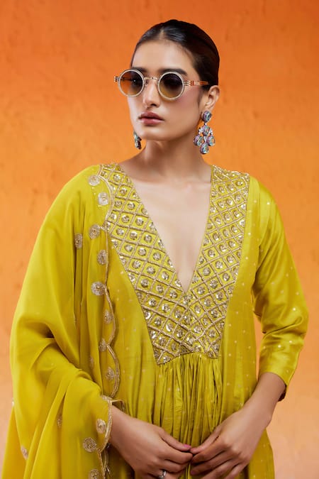 Redpine Designs Yellow Chanderi, Viscose, Crepe Sequins, Cut Work, Daisy Anarkali Set at Aza Fashions Redpine Designs_Yellow Chanderi, Viscose, Crepe Sequins, Cut Work, Daisy Anarkali Set _at_Aza_Fashions