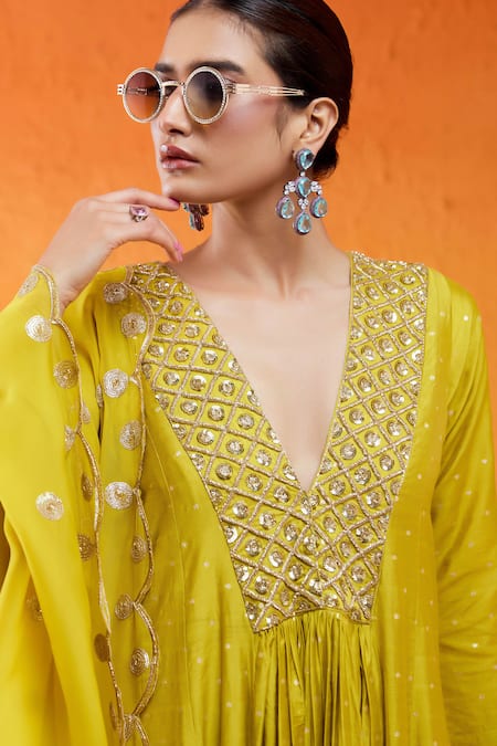 Buy Redpine Designs Yellow Chanderi, Viscose, Crepe Sequins, Cut Work, Daisy Anarkali Set Buy_Redpine Designs_Yellow Chanderi, Viscose, Crepe Sequins, Cut Work, Daisy Anarkali Set