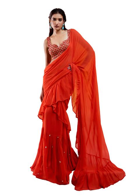 Buy_Redpine Designs_Red Viscose, Georgette, Silk Scarlet Pre-draped Ruffle Saree With Blouse _Online_at_Aza_Fashions