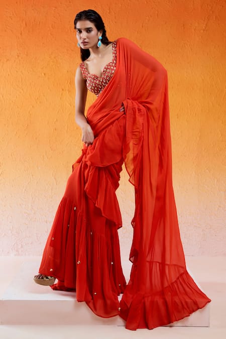 Shop_Redpine Designs_Red Viscose, Georgette, Silk Scarlet Pre-draped Ruffle Saree With Blouse _Online_at_Aza_Fashions