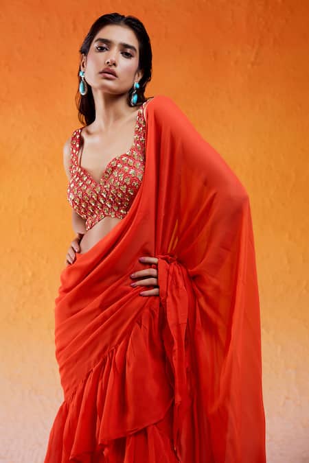 Redpine Designs_Red Viscose, Georgette, Silk Scarlet Pre-draped Ruffle Saree With Blouse _at_Aza_Fashions