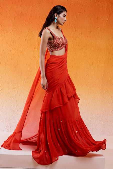 Buy_Redpine Designs_Red Viscose, Georgette, Silk Scarlet Pre-draped Ruffle Saree With Blouse 