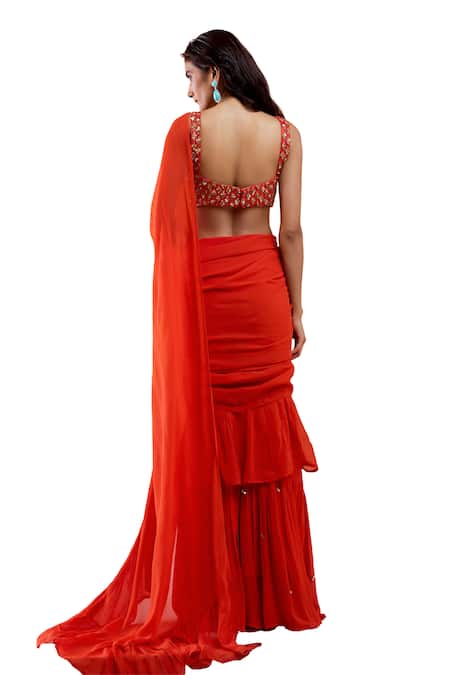 Shop_Redpine Designs_Red Viscose, Georgette, Silk Scarlet Pre-draped Ruffle Saree With Blouse 