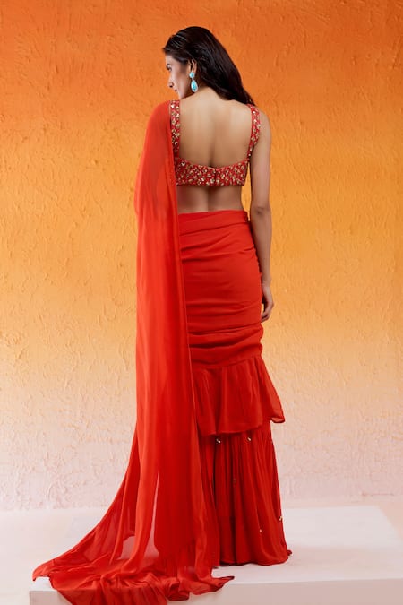 Redpine Designs_Red Viscose, Georgette, Silk Scarlet Pre-draped Ruffle Saree With Blouse _Online_at_Aza_Fashions