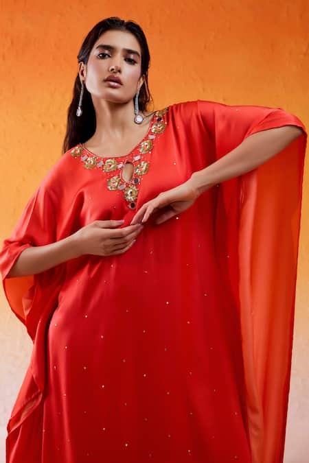 Redpine Designs Red Viscose, Modal, Satin, Crepe Cut Work, Sequins Scarlet Embroidered Kaftan at Aza Fashions Redpine Designs_Red Viscose, Modal, Satin, Crepe Cut Work, Sequins Scarlet Embroidered Kaftan _at_Aza_Fashions
