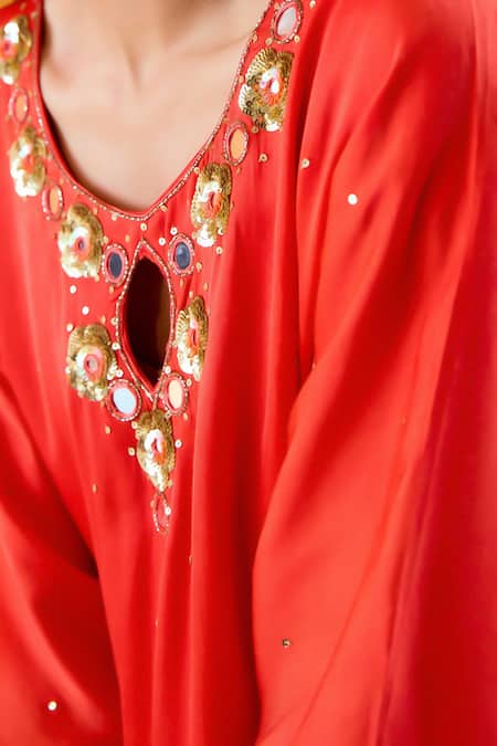 Buy Redpine Designs Red Viscose, Modal, Satin, Crepe Cut Work, Sequins Scarlet Embroidered Kaftan Buy_Redpine Designs_Red Viscose, Modal, Satin, Crepe Cut Work, Sequins Scarlet Embroidered Kaftan