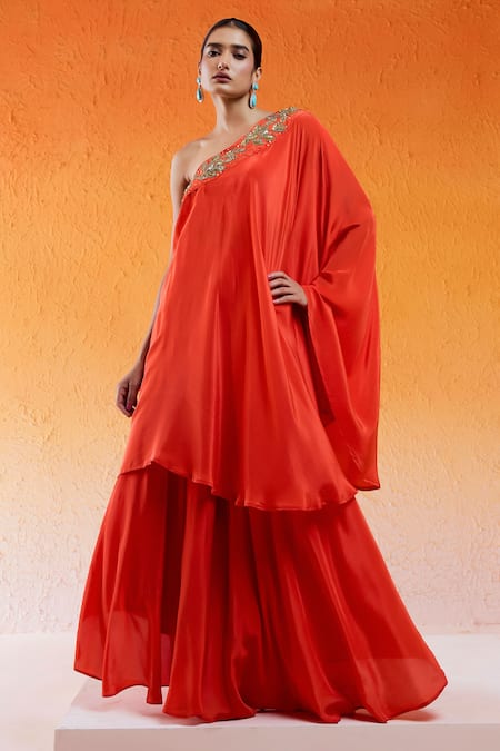 Redpine Designs Red Viscose Natural Crepe Hand Embroidery Cutdana Scarlet Tunic And Palazzo Set 