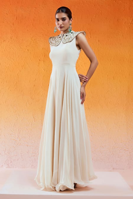 Buy_Redpine Designs_Ivory Viscose, Georgette, Velvet, Crepe Sequins Pilgrimmed Embroidered Gown _Online_at_Aza_Fashions