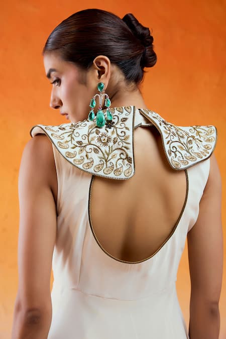 Redpine Designs_Ivory Viscose, Georgette, Velvet, Crepe Sequins Pilgrimmed Embroidered Gown _at_Aza_Fashions