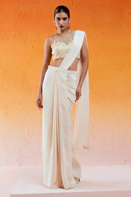 Buy_Redpine Designs_Ivory Viscose, Crepe Cut Work, Embroidery Boat Pre-draped Saree With Blouse _Online_at_Aza_Fashions