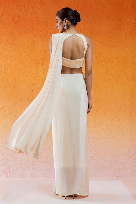 Redpine Designs_Ivory Viscose, Crepe Cut Work, Embroidery Boat Pre-draped Saree With Blouse _Online_at_Aza_Fashions