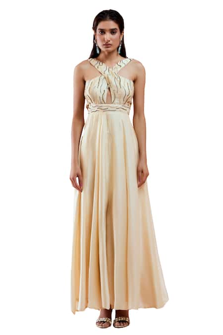 Shop Redpine Designs Ivory Crepe, Viscose, Modal, Satin Embroidery Halter Neck Criss Cross Jumpsuit Online at Aza Fashions Shop_Redpine Designs_Ivory Crepe, Viscose, Modal, Satin Embroidery Halter Neck Criss Cross Jumpsuit _Online_at_Aza_Fashions