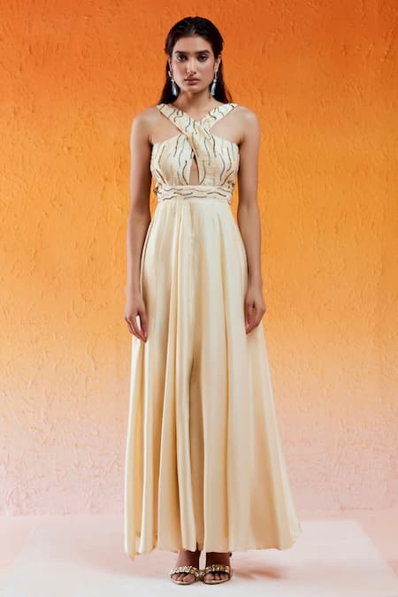 Redpine Designs Ivory Crepe, Viscose, Modal, Satin Embroidery Halter Neck Criss Cross Jumpsuit Online at Aza Fashions Redpine Designs_Ivory Crepe, Viscose, Modal, Satin Embroidery Halter Neck Criss Cross Jumpsuit _Online_at_Aza_Fashions