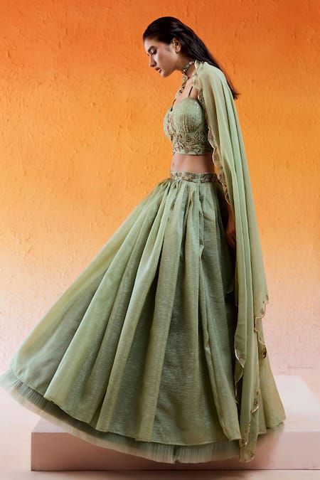 Shop Redpine Designs Green Crepe, Viscose Sequins, Zari, Crush Embroidered Lehenga With Blouse Set Online at Aza Fashions Shop_Redpine Designs_Green Crepe, Viscose Sequins, Zari, Crush Embroidered Lehenga With Blouse Set _Online_at_Aza_Fashions