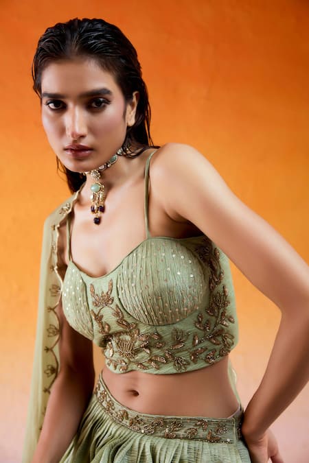 Redpine Designs Green Crepe, Viscose Sequins, Zari, Crush Embroidered Lehenga With Blouse Set at Aza Fashions Redpine Designs_Green Crepe, Viscose Sequins, Zari, Crush Embroidered Lehenga With Blouse Set _at_Aza_Fashions