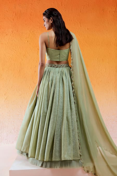 Redpine Designs Green Crepe, Viscose Sequins, Zari, Crush Embroidered Lehenga With Blouse Set Online at Aza Fashions Redpine Designs_Green Crepe, Viscose Sequins, Zari, Crush Embroidered Lehenga With Blouse Set _Online_at_Aza_Fashions